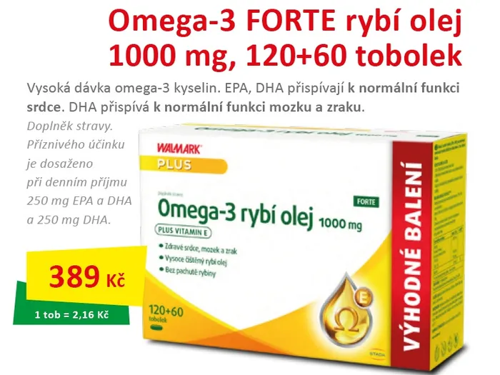 Omega-3 FORTE rybí olej 1000mg,120+60 tobolek. Cena 389Kč